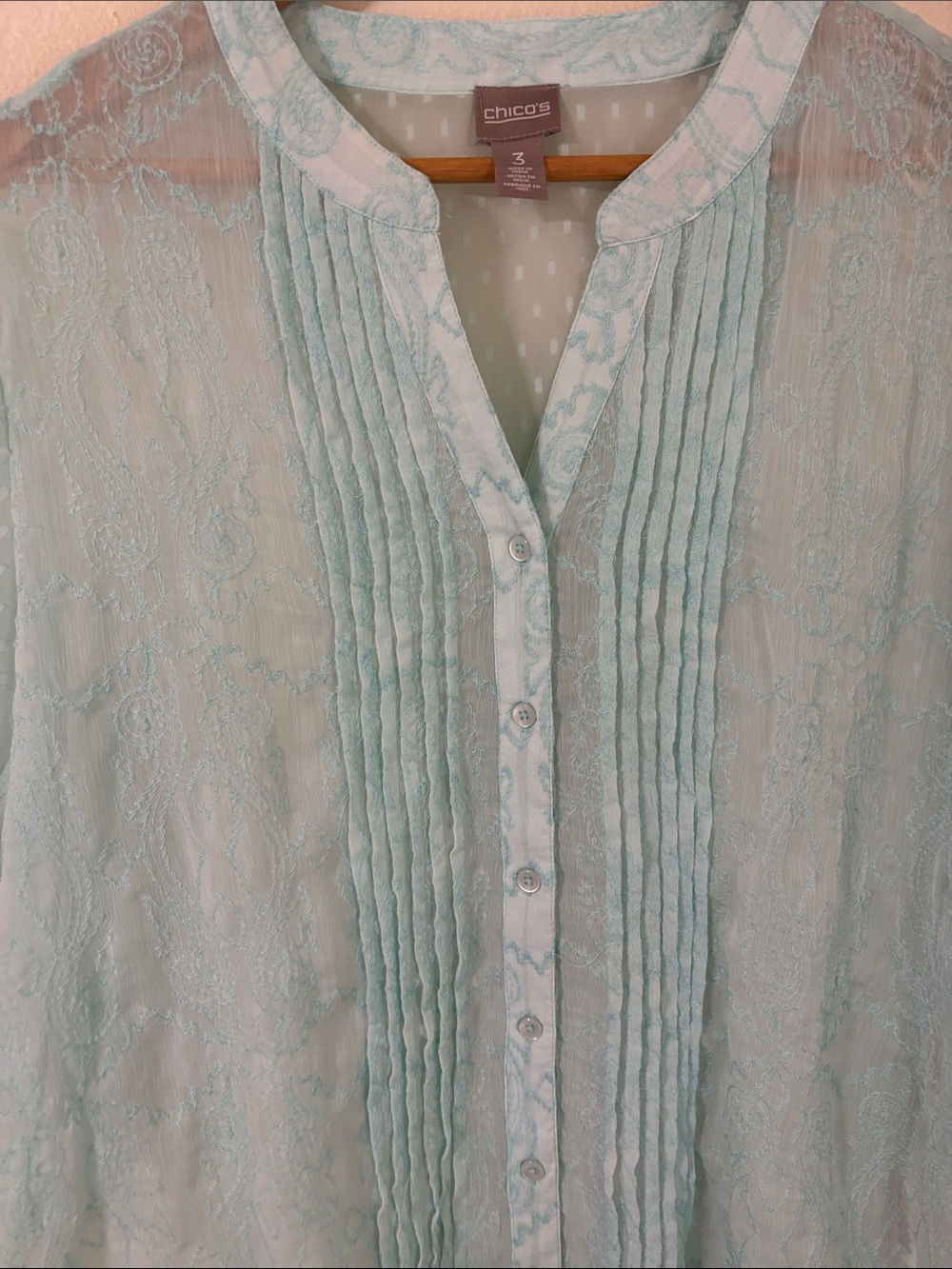 Chico's Mint Blue Aqua Pintuck  Sheer Blouse Embroidery Swiss Dot Size 3 (XL/16) - Picture 5 of 14